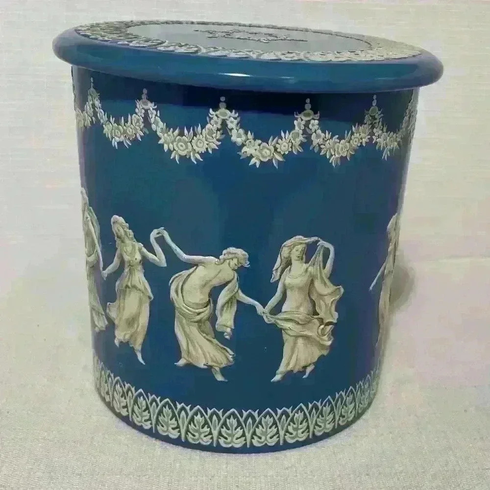 Wedgewood Style Blue & White Canister Holland Dancing Goddesses Vintage